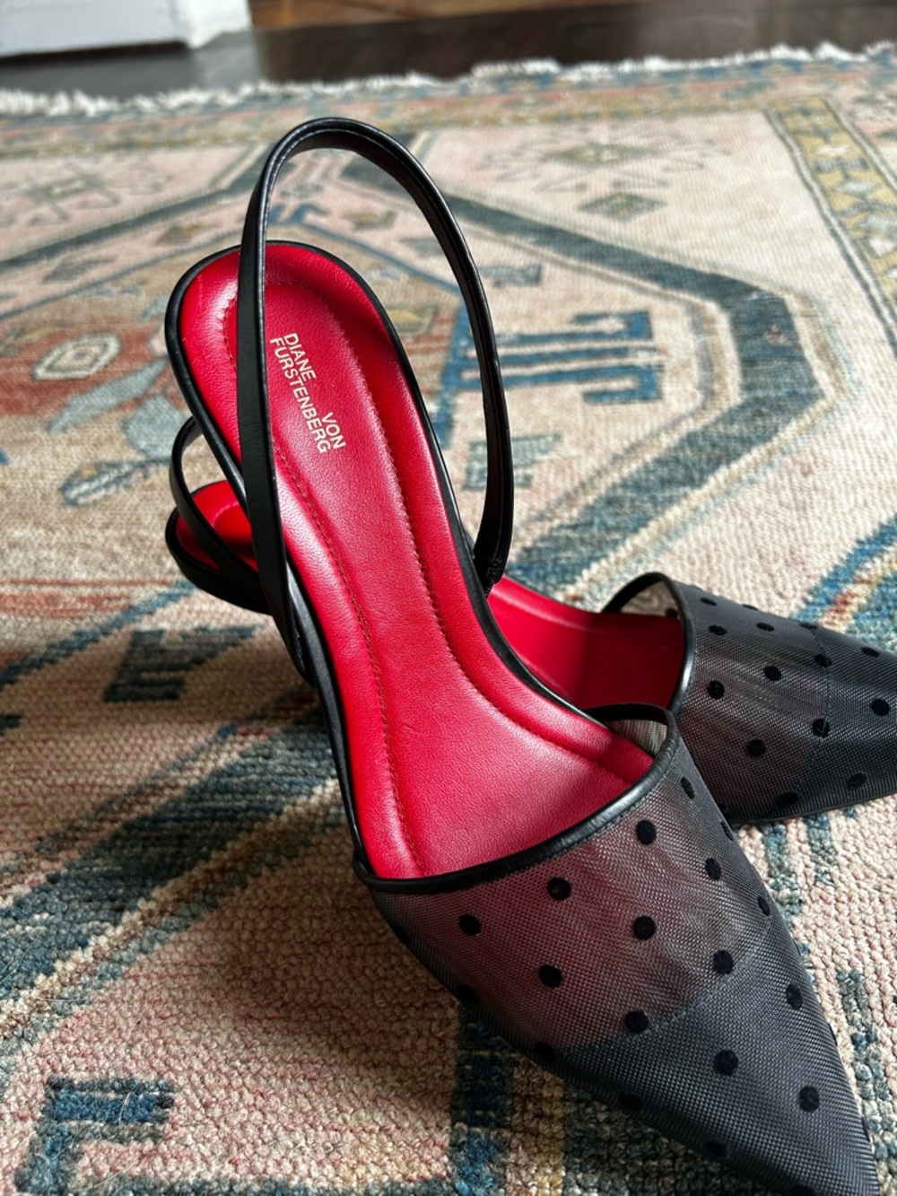 Diane Von Furstenberg Black Mesh Polka-Dot Slingback Heels with Red Insole - Picture 2 of 5
